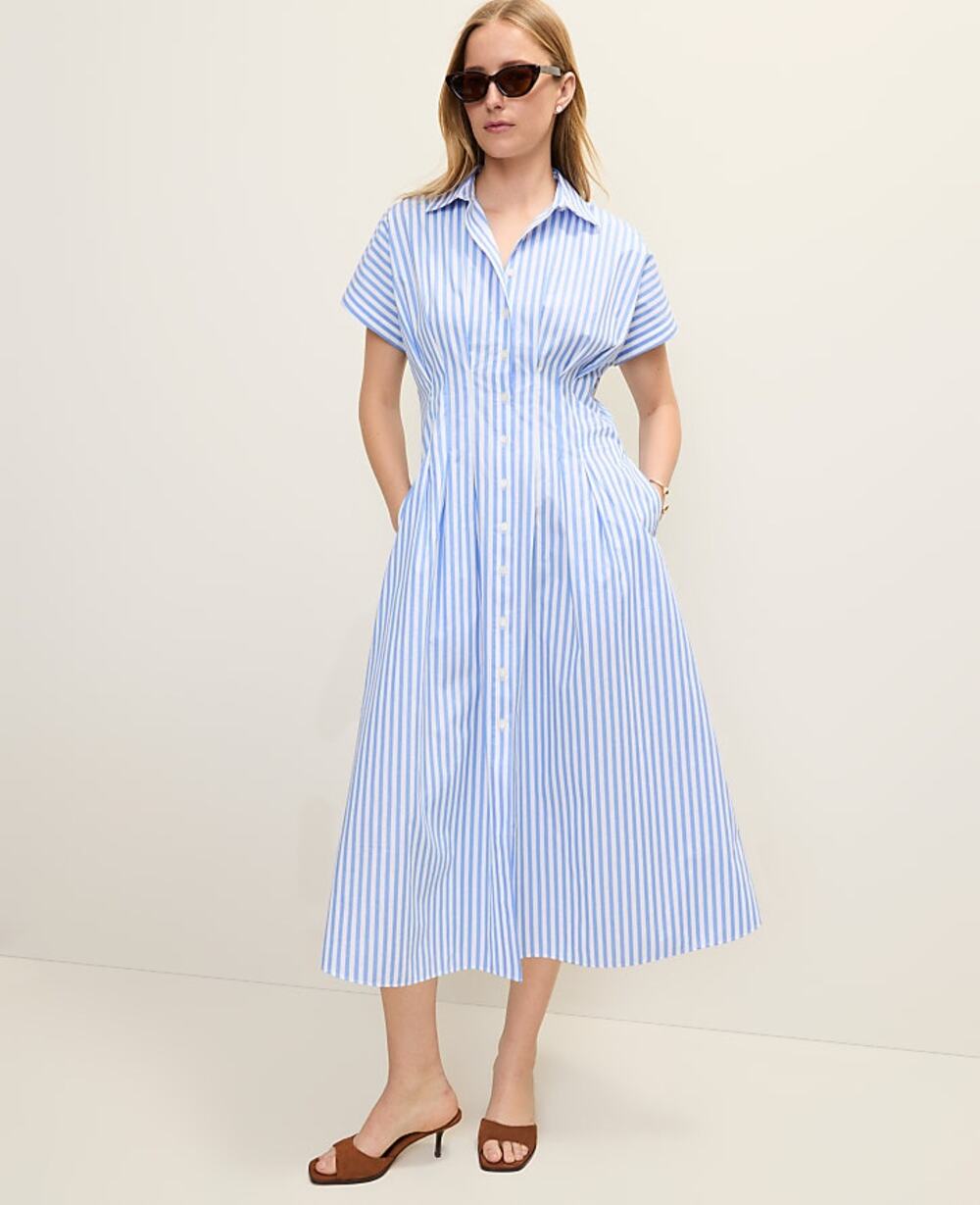 NWT Ann Taylor Weekend Striped Pleated Midi Shirtdress White Blue Size 6